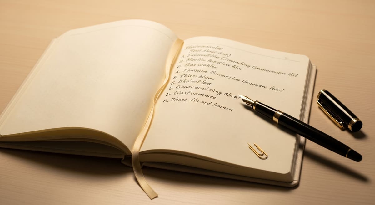 Open English grammar notebook with fountain pen on clean desk