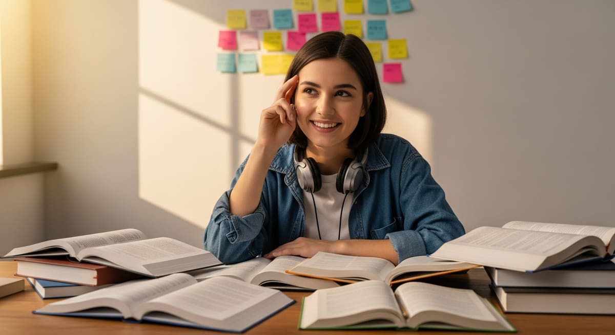 Inspired student studying multiple foreign language books